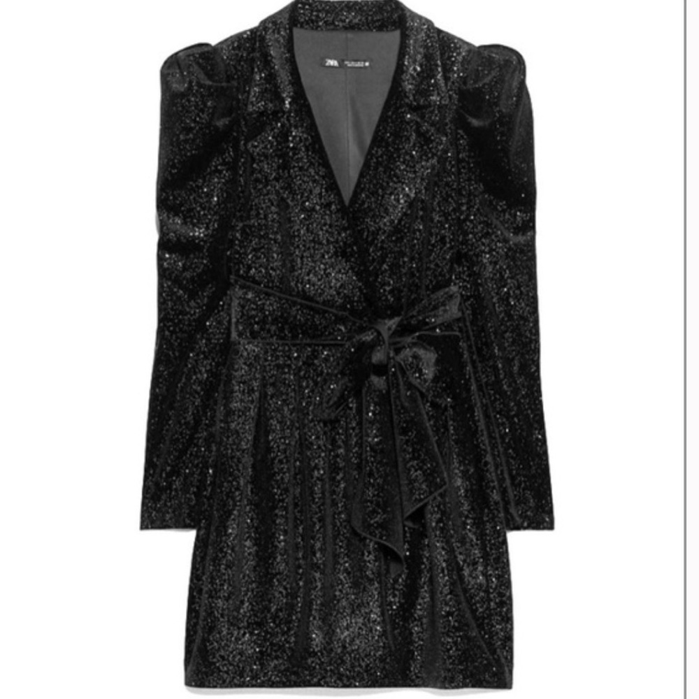 New ZARA Shiny Glittery Velvet Puff Sleeves Blazer Dress With Tie Belt - Picture 10 of 14